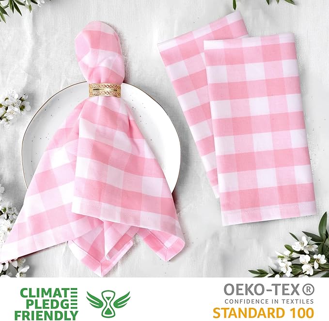 Cloth Dinner Napkins, 100% Cotton Checkered Pink, 20 x 20 Inch