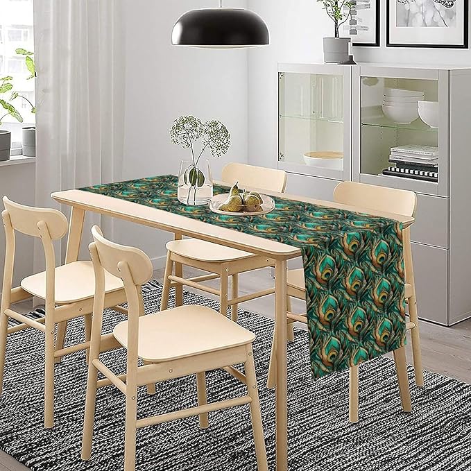 Peacock Feather Table Runner,Retro Aesthetic Green Table Runner for Home Kitchen Dining Party Indoor Outdoor Decoration 13x36 Inch