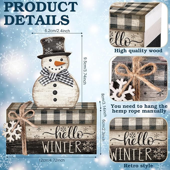 4 Pcs Snowman Christmas Decor Winter Table Decorations Christmas Tiered Tray Decor Winter Centerpiece Indoor Rustic Wooden Snowman Block Sign Gift Farmhouse for Home Kitchen Shelf