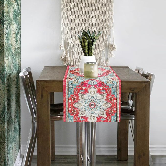 Snycler Table Runner Boho Table Runners Vintage Elegant Farmhouse Table Center Linen Decor for Home Dining Party Entrance (13x48 Inch) Boho-Pink
