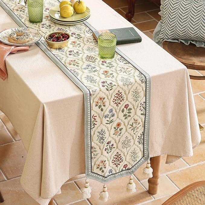 ISAENNE Designer Vintage Elegant Linen Table Runner 102 Inches Long,Colorful Wildflower Pattern Runner,Decor Table Runners for Dining Tables,Thanksgiving,Christmas,Banquet,12"*102"-Serenity B