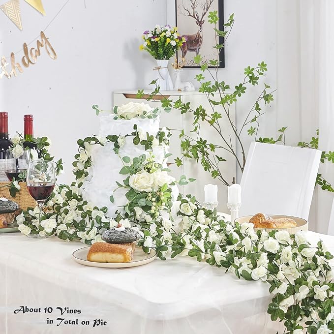 8 Pcs x 8.2 ft Flower Garland Artificial Rose Vine Flowers with Green Leaves Hanging Fake Roses Vine for Room Party Home Wedding Birthday Christmas Wall Arch Decor, Spring White Flower
