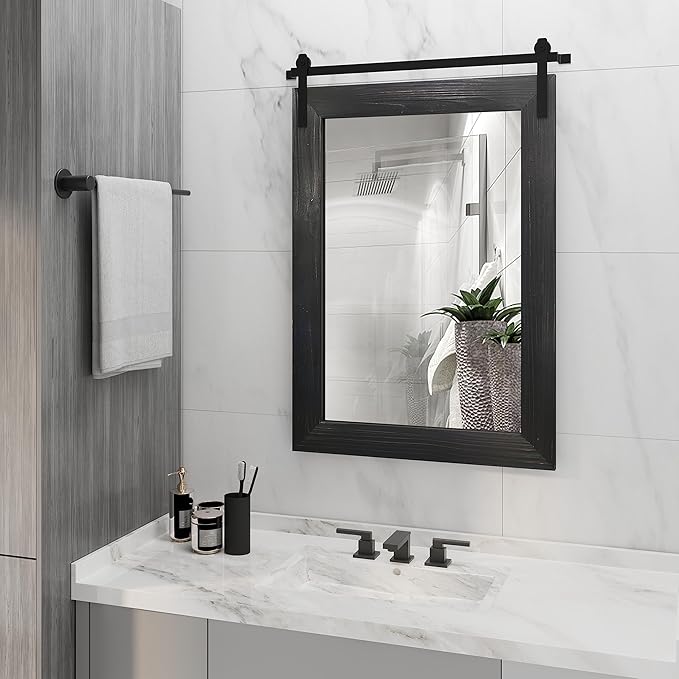 COGOOD Farmhouse Barn Door Mirror - 38 X 25 Rustic Bathroom Mirror for Living Room, Entryway, Vanity Wall Decor (Black)