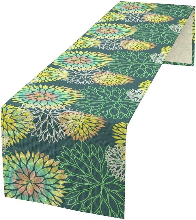 Green Dahlia Flower Table Runner, Linen Geometric Pattern Floral Table Decor Spring Farmhouse Decorations for Kitchen Dining Holiday Party Decor, 13x120 Inch