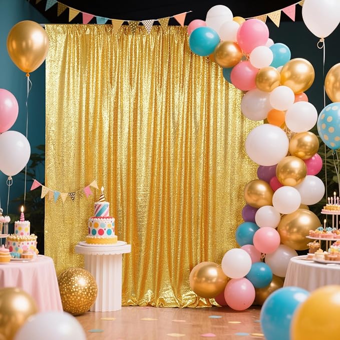 SquarePie Sequin Backdrop Less See Through Thick Background for Photography Glitter Curtain Party 7FT x 7FT Gold