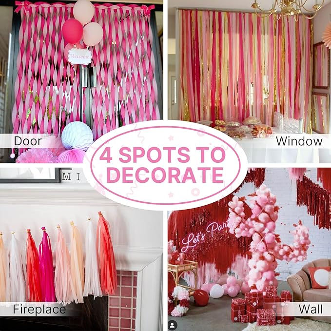 PartyWoo Pink and Red Crepe Paper Streamers 4 Rolls 328 ft Pack of Hot Pink and Red Crepe Paper for Baby Shower Valentine's Day Bachelorette Birthday Party Decorations (1.8 Inch x 82 Ft/Roll)
