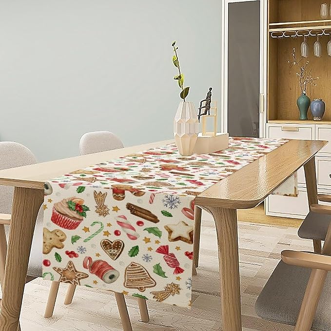 Christmas Table Runner, Christmas Gingerbread New Year Xmas Table Cloth Kitchen Dining Table Decoration for Home Party Decor 13x60 Inch
