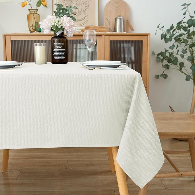 Biscaynebay Textured Fabric Square Tablecloths 90x90 Inches, Ivory Water Resistant Card Table Cloth Folding Table Cover for Dining, Kitchen, Wedding and Parties etc. Machine Washable