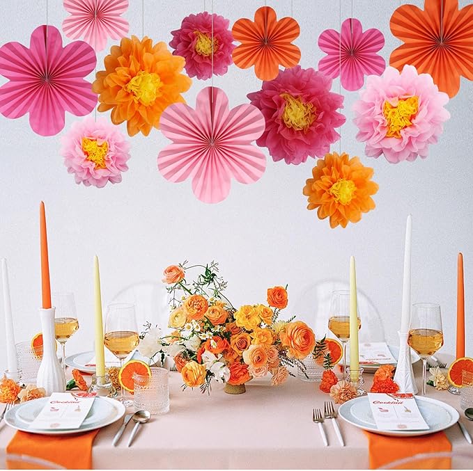 Paper Fan Party Decorations, 12 Pack, Orange and Hot Pink