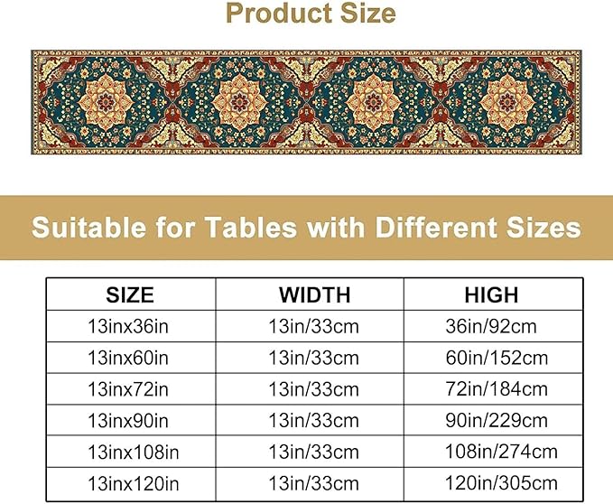 Boho Rich Table Runner, Vintage Blue Teal Gold Retro Flower Rustic Country Style Floral Print Pattern for Home Kitchen Table Decor Dining Coffee Room Garden Party Decor 13x36in