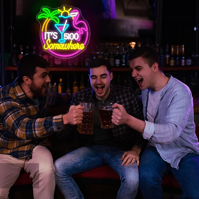 Its 5 O'clock Somewhere Neon Sign for Wall Decor Dimmable Led Flamingo Cocktail Neon Light for Man Cave Tiki Bar Home Beer Bar Beach Party Bedroom Christmas Birthday Gift Size 13.1 * 12.9In (WZCP167)