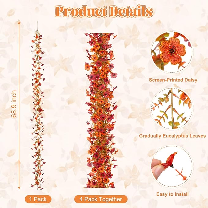 Fall Mums Flowers Artificial Garland for Decoration, 4 Pack 5.9 FT Faux Mums with Eucalyptus Leaves Ivy, UV Resistant Fake Fall Daisy Floral Vine Flowers for Home Garden Wedding Backdrop Decor