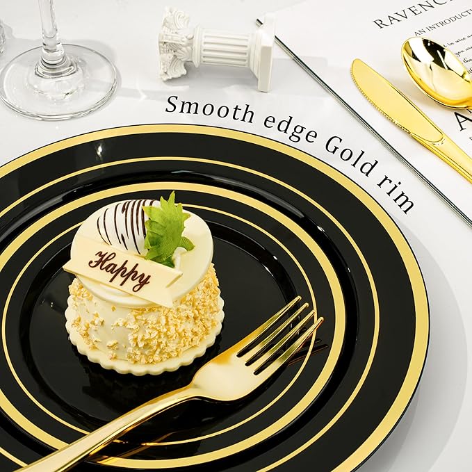 BESTVIP 600PCS Black Gold Dinnerware Set for 100 Guests, Plastic Plates for Halloween Party and Christmas, 100 Disposable Plates, 100 Dessert Plates, 100 Cups, 100 Spoons, 100 Forks and 100 Knives