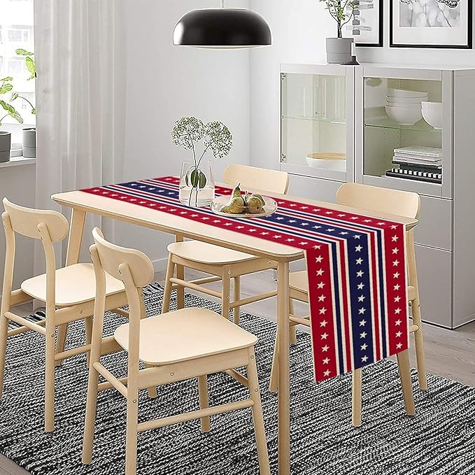 4th of July Table Runner, USA Flag Stars Stripes American Independence Day Red Blue White Stars Lines Print Table Cover for Farmhouse Kitchen Indoor Outdoor Home Party, 13x36inch