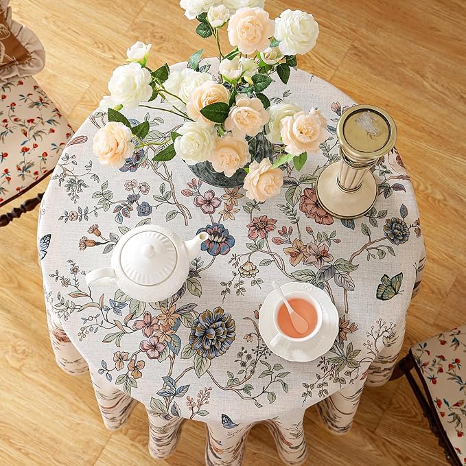 ISAENNE Designer French Light Beige Small Round Tablecloth,Linen Florals and Birds Pattern Table Cloth,Anti-Wrinkle Decorative Tablecloths for Dining Thanksgiving Kitchen,Diameter 55"-Cornucopia