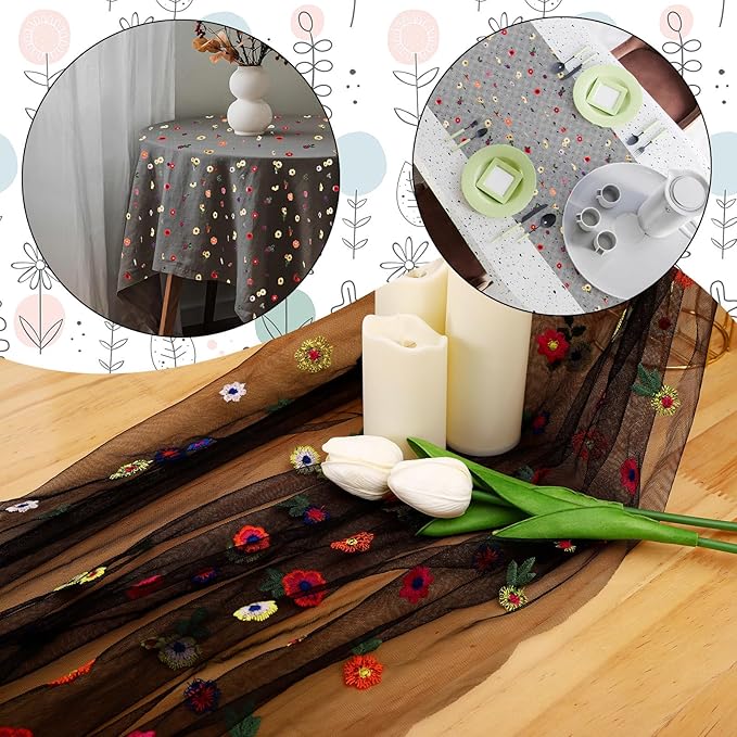 BINBE 6pcs Black Daisy Fall Table Runner Embroidery Gauze 10FT Florals Seasonal Tulle Holiday Birthday Kitchen Dining Table Decor for Home Party