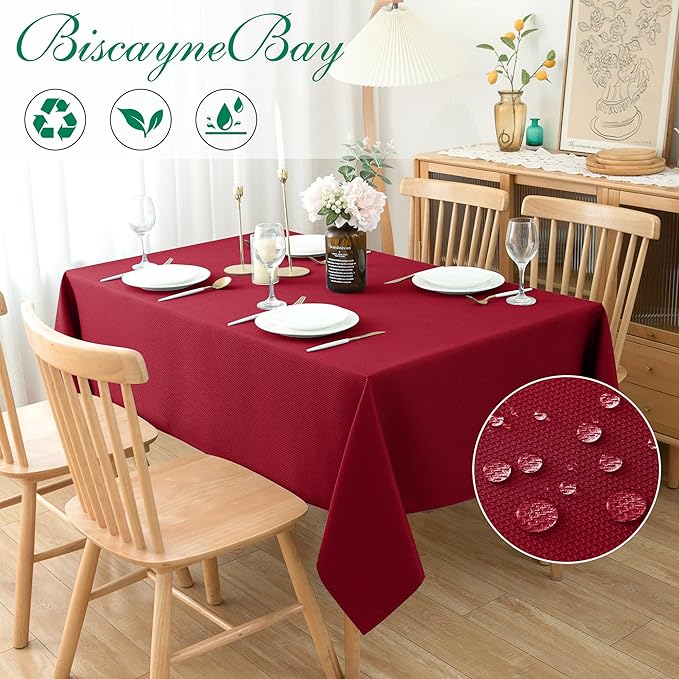 Biscaynebay Textured Fabric Christmas Tablecloths 60x108 Inches Rectangular, Red Water Resistant Spill Proof Tablecloths for Dining, Kitchen, Wedding and Parties, Machine Washable