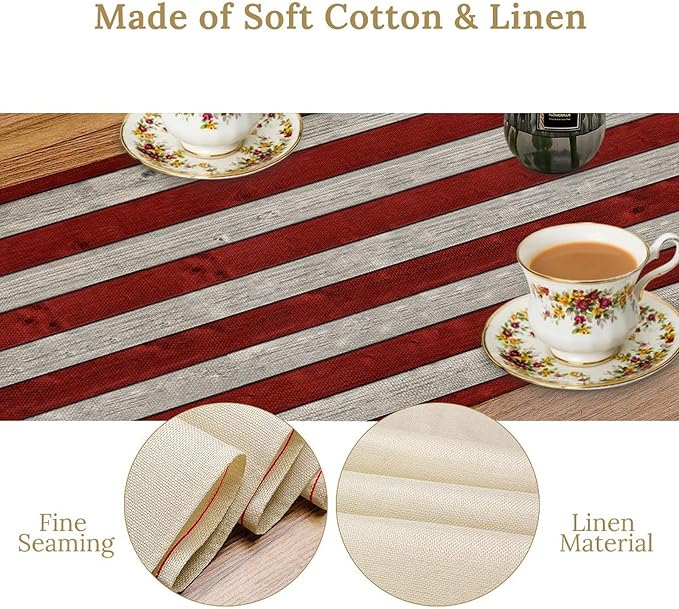 American Flag Table Runner, 4th of July USA Rustic Vintage Wooden Blue Red Stars Stripes Print Table Runner for Farmhouse Kitchen Dining Table Decor, 13x108inch