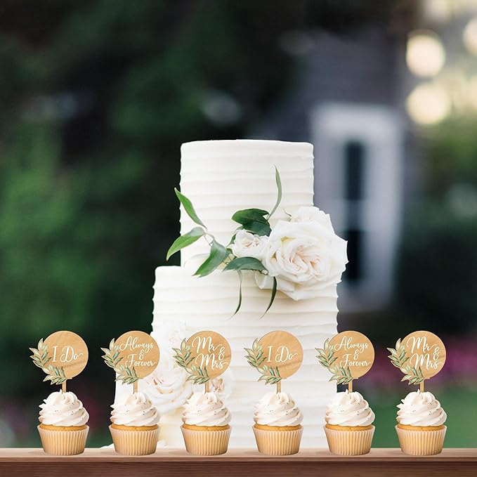 Non-Edible Wood Cupcake Toppers, 36 Count Green Leaf Mr and Mrs Wedding Set