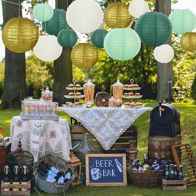 Paper Lanterns in Assorted Sizes, Sage Green, Forest Green, Gold and White