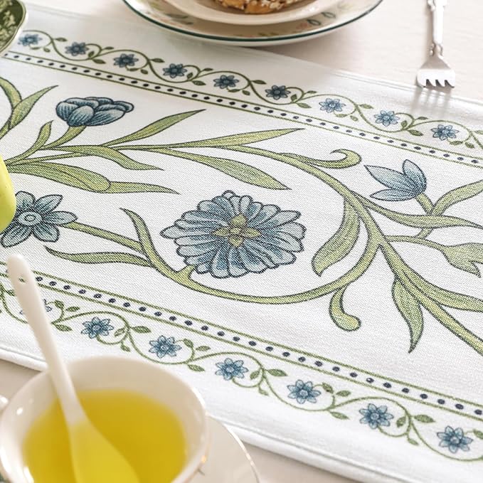 ISAENNE Designer Elegant Linen Extra Long Table Runner 118 Inches,Vintage Blue Floral Pattern Decor Table Runners for Dining Tables,Kitchen Tables,Thanksgiving,Christmas,12"*118"-Mosella E