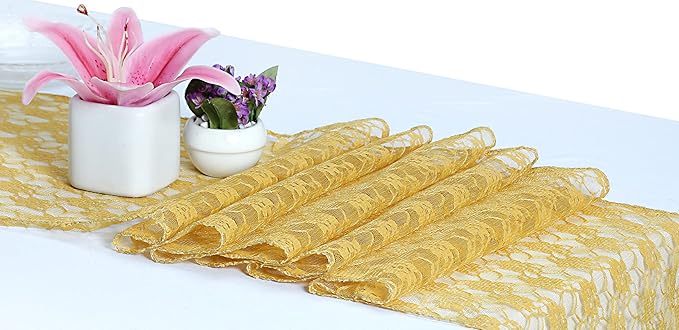 MDS Pack of 5 Wedding 12 x 108 inches Lace Table Runner for Wedding, Decorations for Birthday Parties, Banquets, Graduations, Engagements, and Runners fit Rectangle, Round Table- Gold