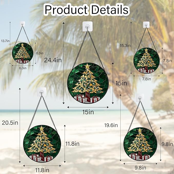 Stained Glass Window Hanging - Golden Christmas Tree Suncatcher for Doors Home Christmas Decoration Winter Sun Catcher Thanksgiving New Year Birthday Gifts for Women Men Mom Nana Girl 9.8 in