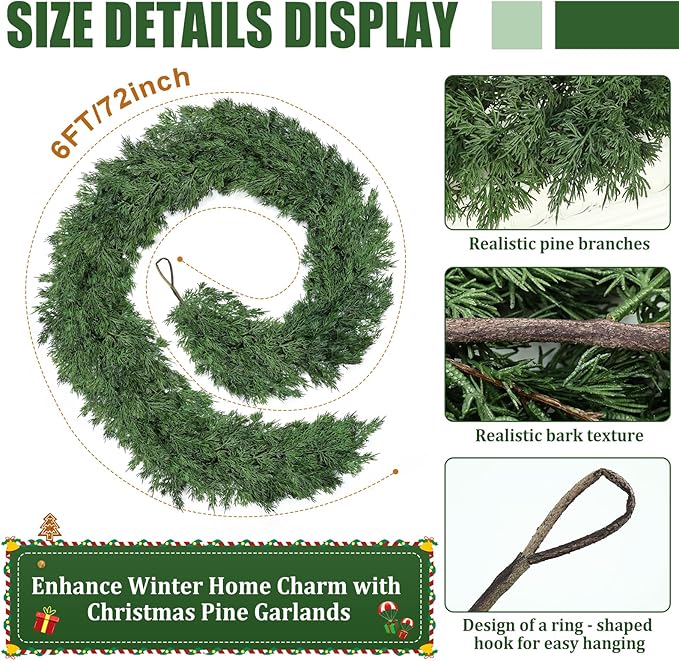 Garland, 6 Ft Green Faux Pine with 154 Sprigs and End Hooks