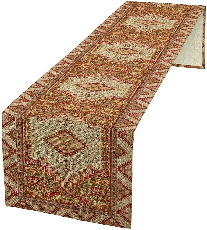 Boho Bohemia Style Orange Table Runner, Country Rustic Farmhouse Magical Abstract Print Pattern for Home Kitchen Table Decor Dining Coffee Room Garden Party Decor 13x120in