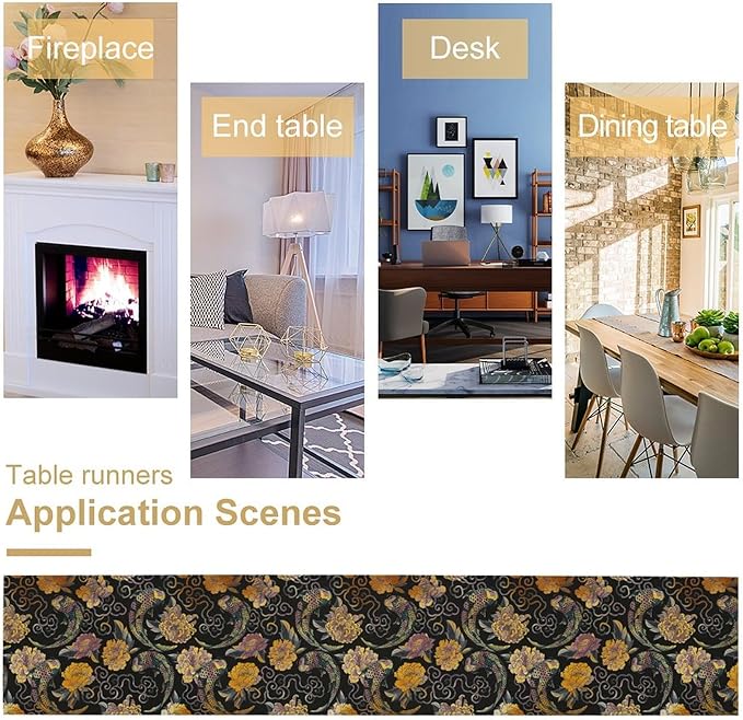 Japanese Table Runner Retro Flowers Oriental Tradition Kio Fish Art Printed Burlap Runner Home Kitchen Dining Table Living Room Decor Fabric 1 Panel W13xL60in