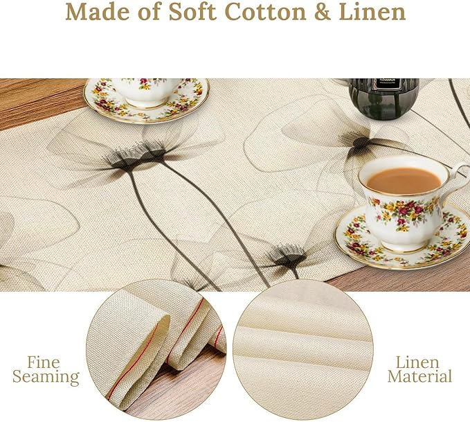 Abstract Floral Table Runner, Watercolor Transparent Beige Poppy Flowers Print Kitchen Dinning Table Runner for Indoor Outdoor Home Wedding Party Holiday, 13x60 Inch