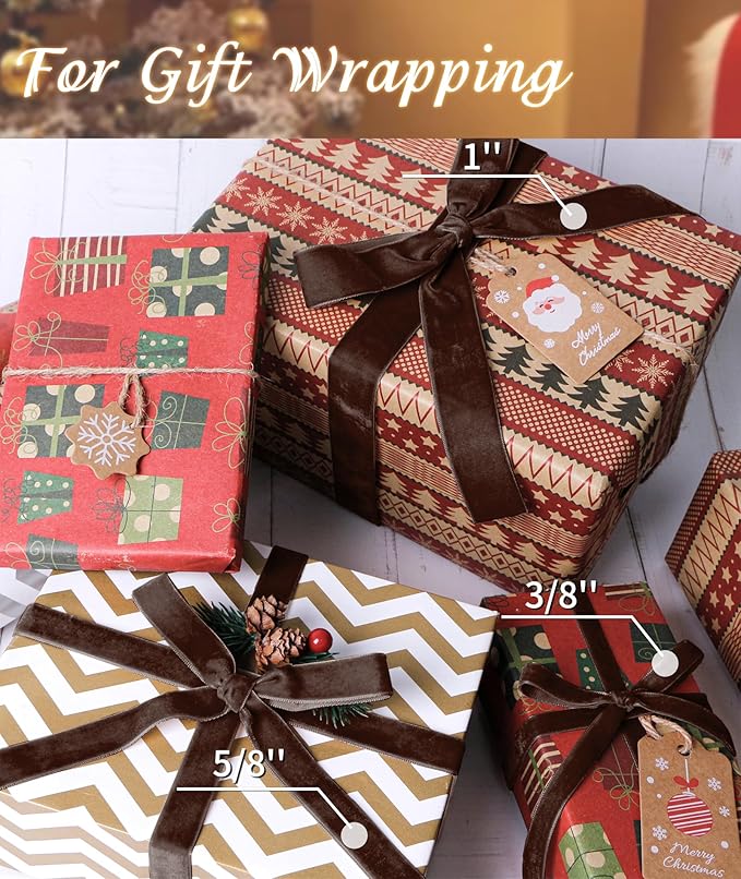 Brown Velvet Ribbon 1'' 25 Yards for Christmas Tree, Gift Wrapping, Flower Bouquet, Wreath Decorations, Bow Making