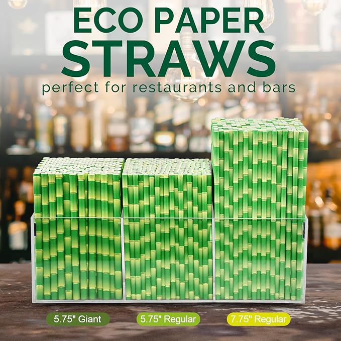 Paper Straws, 250 Count Green Bamboo Disposable, 5.75 Inch Giant