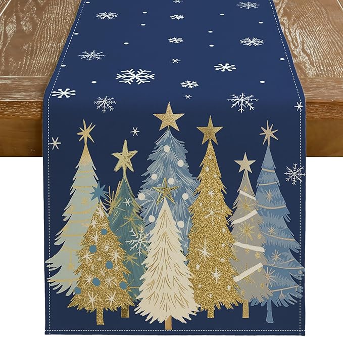 GEEORY Christmas Table Runner 13x48 Inch, Xmas Trees Snowflakes Holiday Decorative Farmhouse Table Decoration for Kitchen Dinning, Indoor Outdoor Dinner Party Decor (Blue) GT151-48