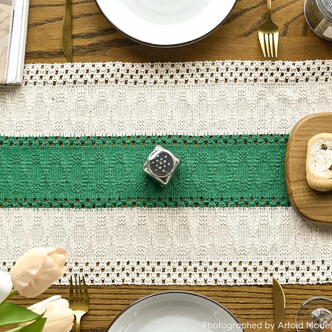 Artoid Mode Dark Green Farmhouse Rustic Table Runner, Seasonal Holiday Hollow Kitchen Dining Table Decoration for Home Party Decor 12x90 Inch