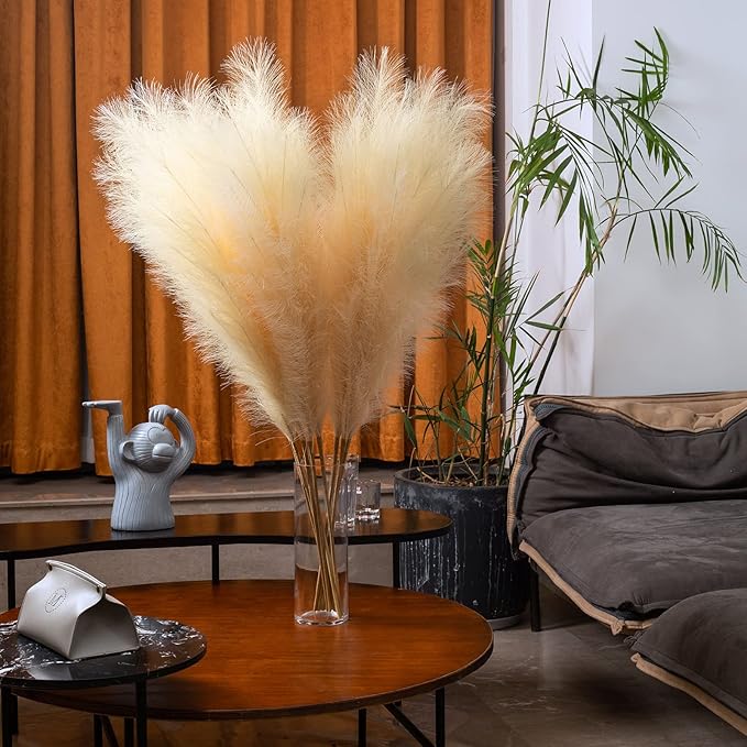 EVODIS Faux Pampas Grass 6 Stems, Artificial Pampas Grass - 43 inch Total Extra Large Pompass Grass Tall Pompous Boho Flower Arrangement and Floor Vase Filler Home Decor for Room Wedding Party
