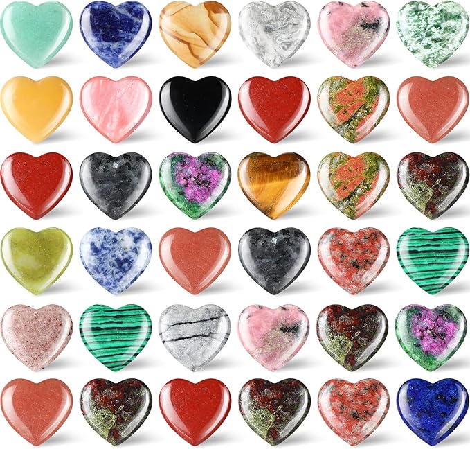 Nuenen 40 Pcs 0.8 Inch Worry Stone Bulk Crystals Heart Shaped Rock Tiny Trinkets Stone Inspirational Healing Crystal Gemstone Love Carved Rock Mom Women