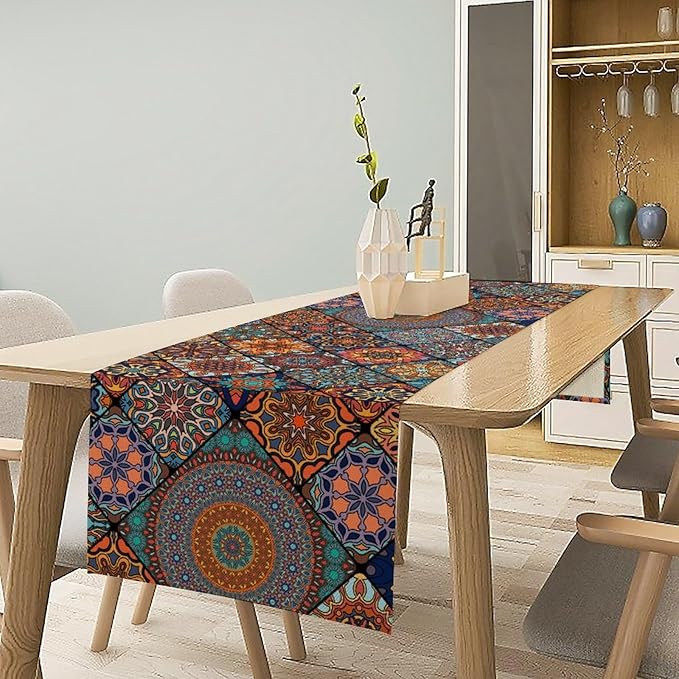 Bohemian Table Runner, Colorful Vintage Indian Mandala Floral Table Runners for Kitchen Dining Coffee Table Indoor Outdoor Party Decor, 13x36inch