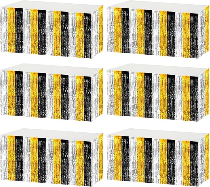 6 Pack 29x108 Inch Metallic Foil Fringe Tinsel Table Skirts Banner for Rectangle Tables Streamer Garland for Birthday, Parade Floats, Valentine's Day Party Decoration(Black Gold Silver)