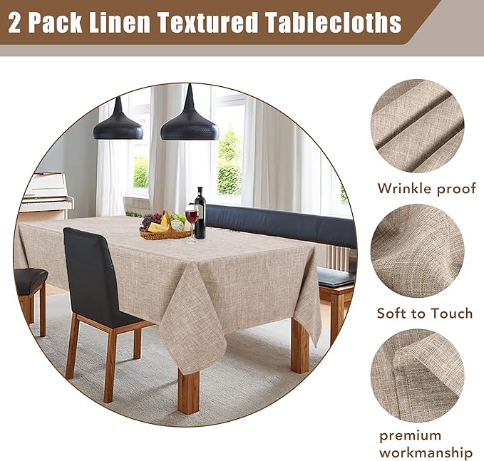 Fitable Faux Linen Tablecloths Rectangle 60 x 144 Inch - 2 Pack Neutral Table Clothes for 10 Foot Tables, Nature Faux Burlap Kitchen Table Covers for Dining, Party, Farmhouse, Banquet, Buffet