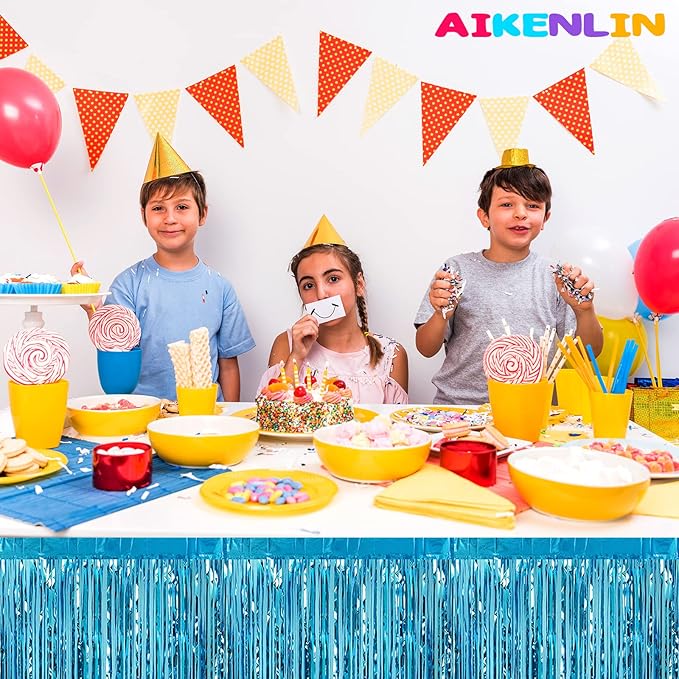 6 Pack 29x108 Inch Metallic Foil Fringe Tinsel Table Skirts Banner for Rectangle Tables Streamer Garland Curtains Backdrop for Wedding, Birthday, Parade Floats, Christmas Party Decoration(Lake Blue)