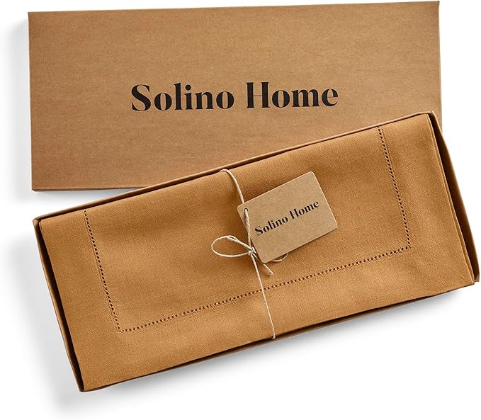 Solino Home Linen Brown Sugar Table Runner 72 Inches Long - 100% Pure Linen Hemstitch Table Runner 14 x 72 Inch for Dresser, Dining, Fall, Autumn, Halloween, Thanksgiving - Classic Hemstitch