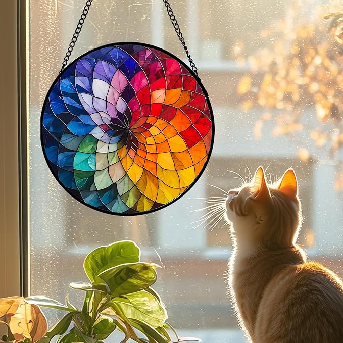Stained Glass Window Hanging - Colorful Flowers Sun Catcher for Door Terrace Garden Home Decor, Abstract Gradient Suncatcher Birthday Gifts for Lovers Women Men Dad Mom Nana 9.8 in