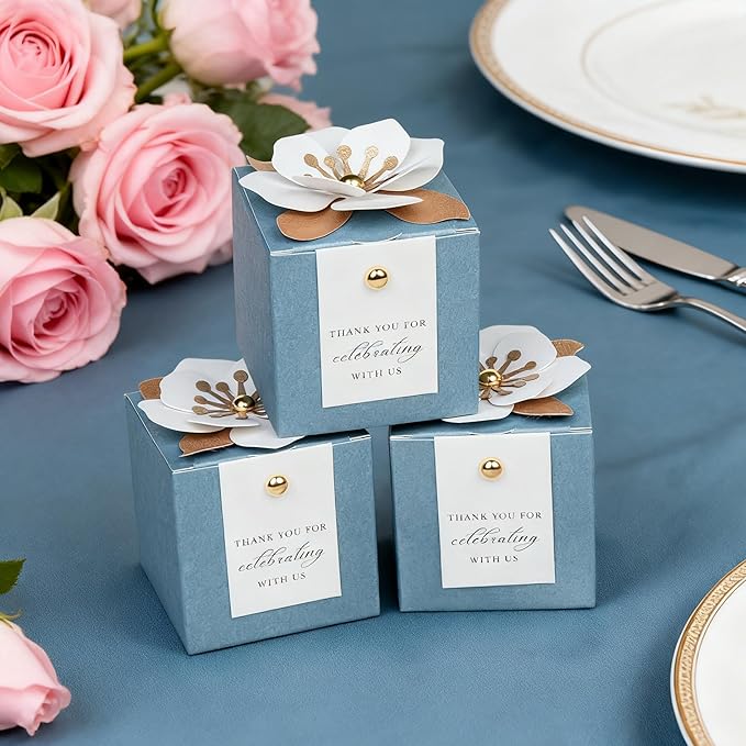 Gift Boxes, 20 Pack Dusty Blue Floral Favor Containers with Thank You Tags