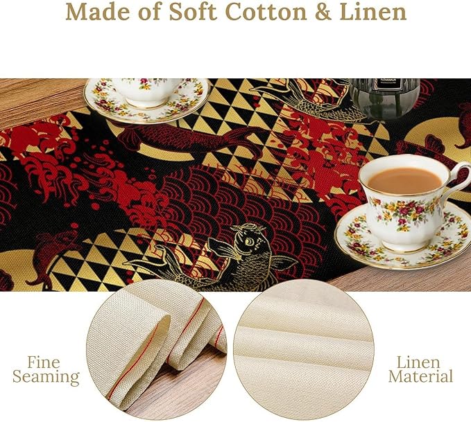 Japanese Table Runner Oriental Tradition Kio Fish Red Art Printed Burlap Runner Home Kitchen Dining Table Living Room Decor Fabric 1 Panel W13xL90in