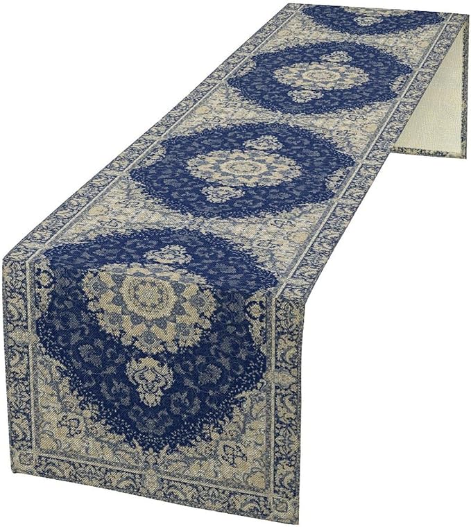 Boho Bohemia Style Dark Blue Table Runner, Country Rustic Farmhouse Magical Abstract Print Pattern for Home Kitchen Table Decor Dining Coffee Room Garden Party Decor 13x90in