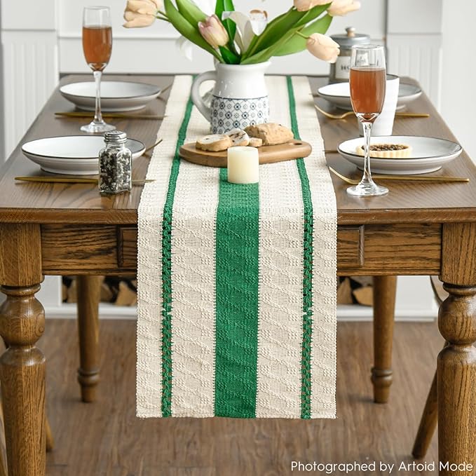 Artoid Mode Dark Green Farmhouse Woven Rustic Table Runner, Seasonal Holiday Hollow Kitchen Dining Table Decoration for Home Party Decor 12x108 Inch