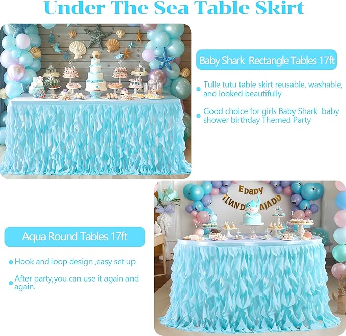 Partisky Aqua Blue Tulle Curly Willow Table Skirt for Rectangle Table 17ft, Ruffle Tutu Table Cloth for Boys Baby Shower,Birthday Party Candy Cake Tables