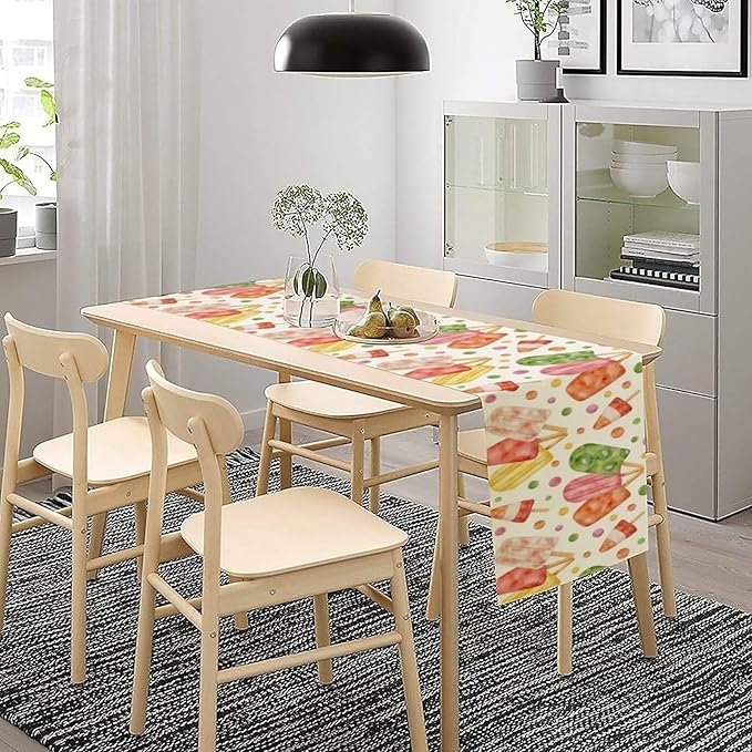 Summer Popsicles Table Runner, Watercolor Colorful Fruit Ice Cream Pops Berry Kiwi Cold Summer Sweet Seasonal Dinner Runner for Party Holiday Home Kitchen Dining Table Decor 13"x36"