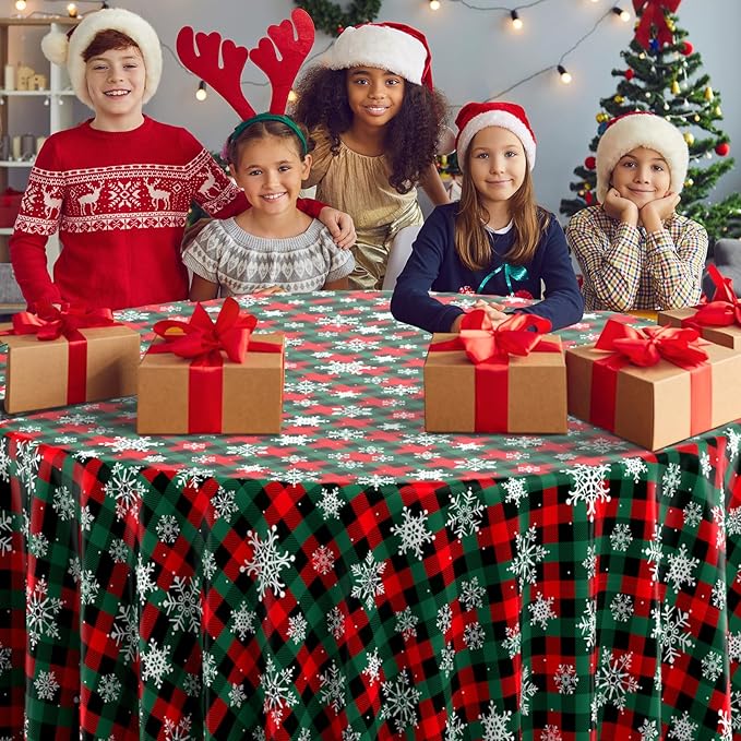 Jectivs 3Pcs Christmas Buffalo Plaid Snowflake Party Tablecloths Decorations,Plastic Red and Green Checkered Round Table Cover for Winter Christmas New Year Birthday Holiday Party Decorations,84 inch